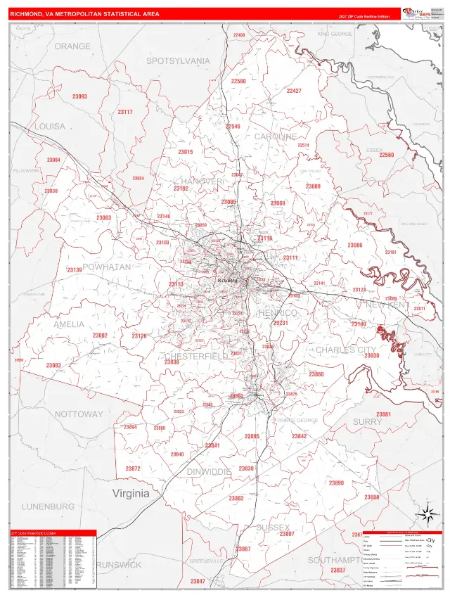 Richmond Metro Area ZIP Code Wall Map, RedLine style
