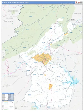 Roanoke Metro Area Business Reference style ZIP Code wall map