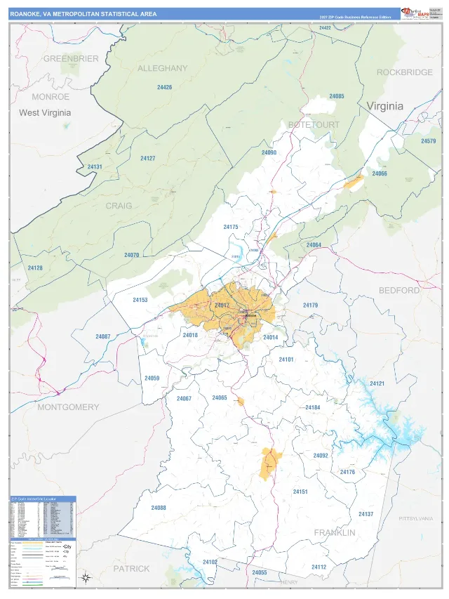Roanoke Metro Area ZIP Code Wall Map, Business Reference style