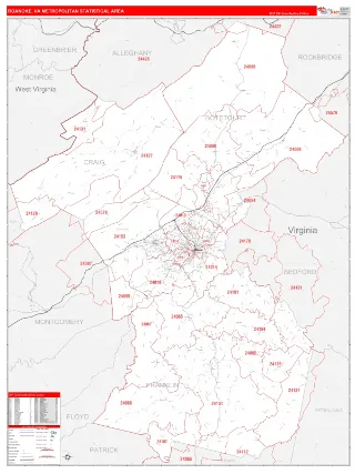 Roanoke Metro Area RedLine style ZIP Code wall map