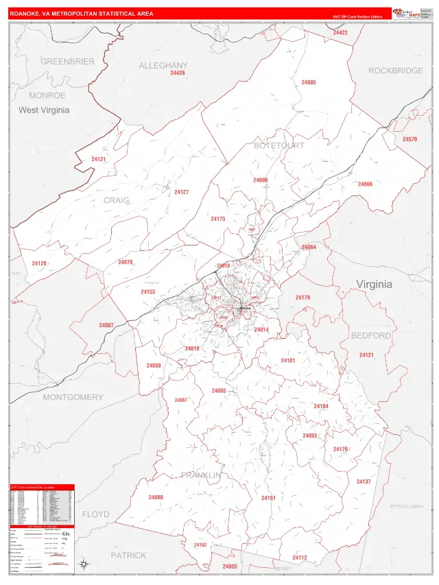 Roanoke Metro Area ZIP Code Wall Map, RedLine style