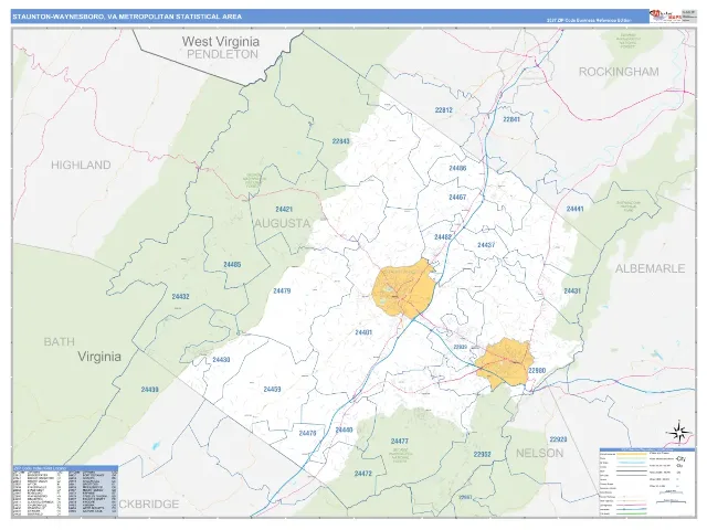 Staunton-Waynesboro Metro Area ZIP Code Wall Map, Business Reference style