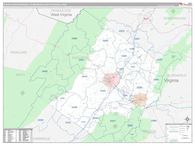 Staunton-Waynesboro Metro Area ZIP Code Wall Map, Classic style
