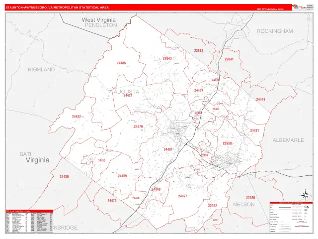 Staunton-Waynesboro Metro Area ZIP Code Wall Map, RedLine style