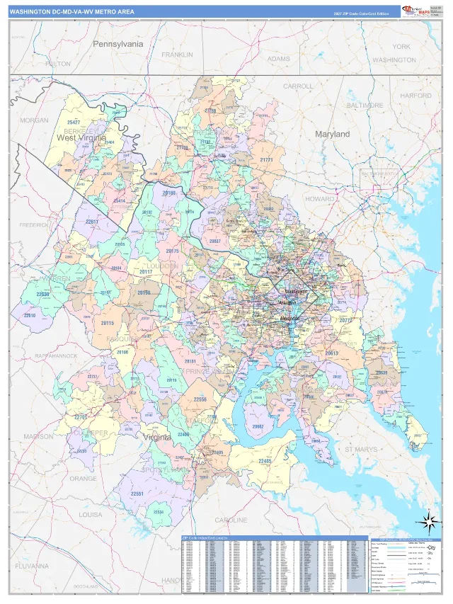 Washington Metro Area ZIP Code Wall Map, ColorCast style