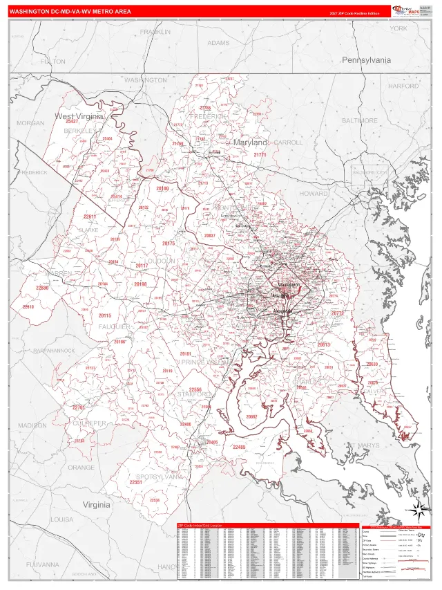 Washington Metro Area ZIP Code Wall Map, RedLine style