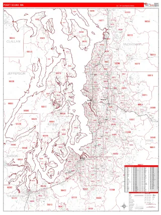 Puget Sound Metro Area RedLine style ZIP Code wall map
