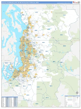 Seattle-Tacoma-Bellevue Metro Area Business Reference style ZIP Code wall map