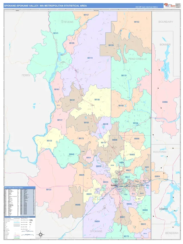 Spokane-Spokane Valley Metro Area ZIP Code Wall Map, ColorCast style