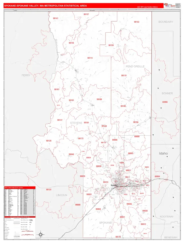 Spokane-Spokane Valley Metro Area ZIP Code Wall Map, RedLine style