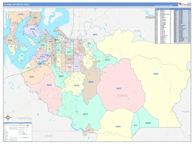 Tacoma Metro Area ZIP Code Wall Map, ColorCast style