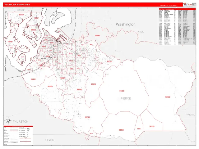 Tacoma Metro Area ZIP Code Wall Map, RedLine style