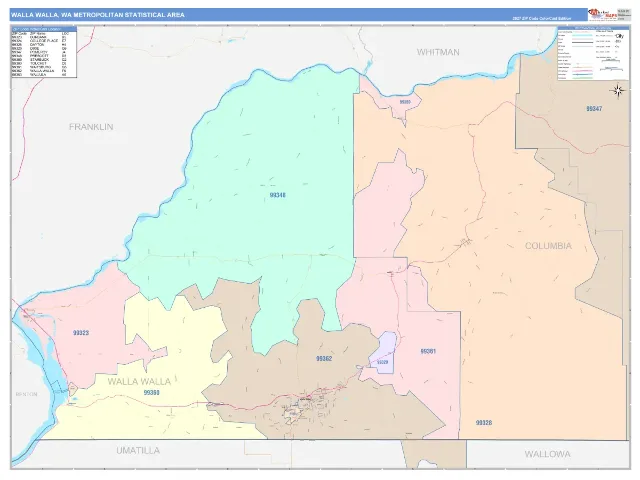 Walla Walla Metro Area ZIP Code Wall Map, ColorCast style