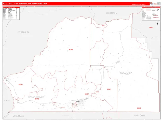 Walla Walla Metro Area ZIP Code Wall Map, RedLine style