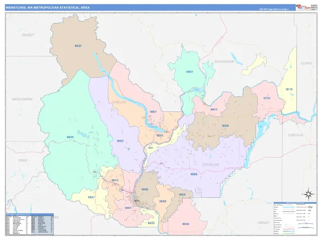 Wenatchee Metro Area ZIP Code Wall Map, ColorCast style