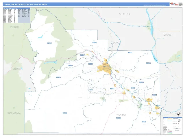 Yakima Metro Area ZIP Code Wall Map, Business Reference style