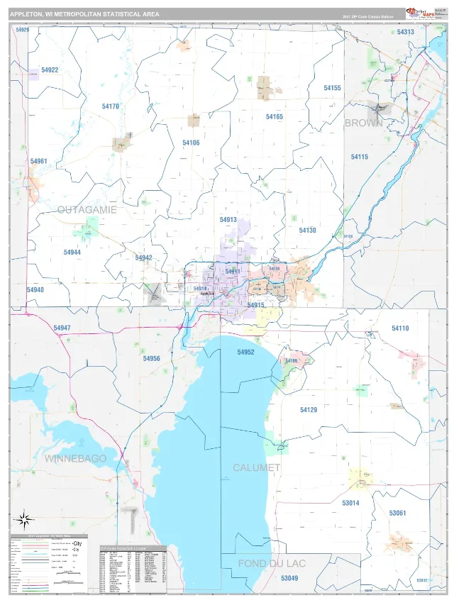 Appleton Metro Area ZIP Code Wall Map, Classic style
