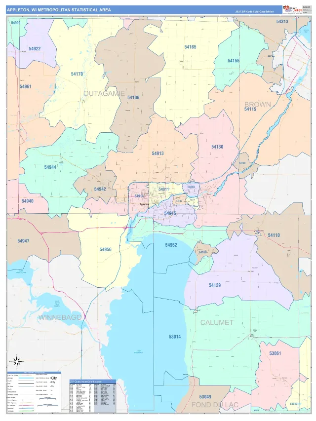Appleton Metro Area ZIP Code Wall Map, ColorCast style
