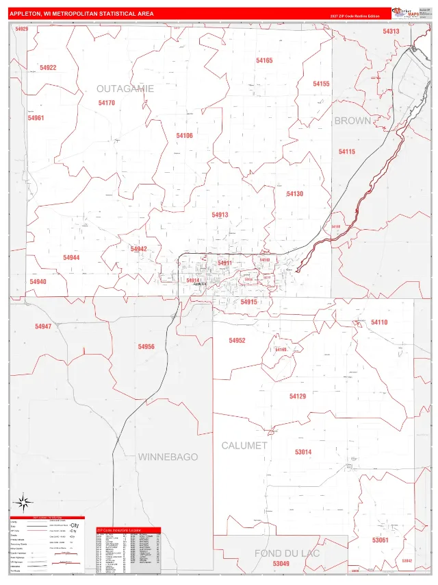 Appleton Metro Area ZIP Code Wall Map, RedLine style