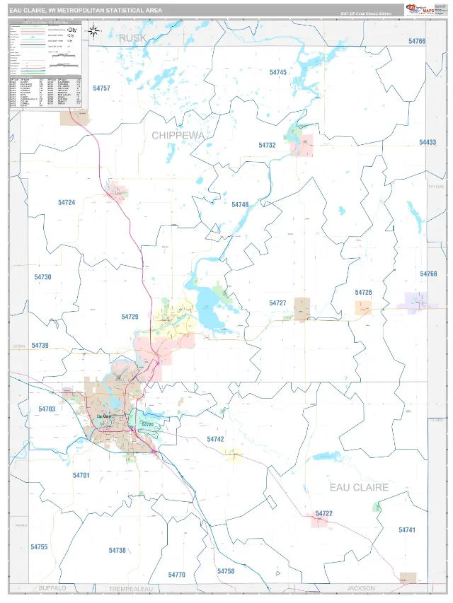 Eau Claire Metro Area ZIP Code Wall Map, Classic style