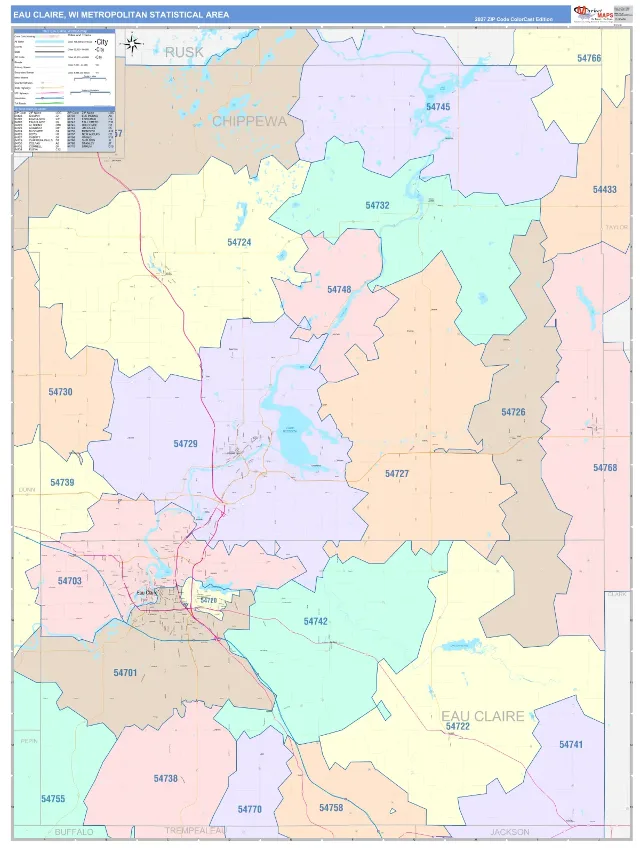 Eau Claire Metro Area ZIP Code Wall Map, ColorCast style