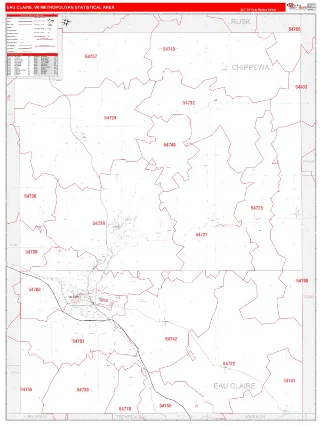 Eau Claire Metro Area RedLine style ZIP Code wall map