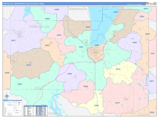 Fond du Lac Metro Area ZIP Code Wall Map, ColorCast style