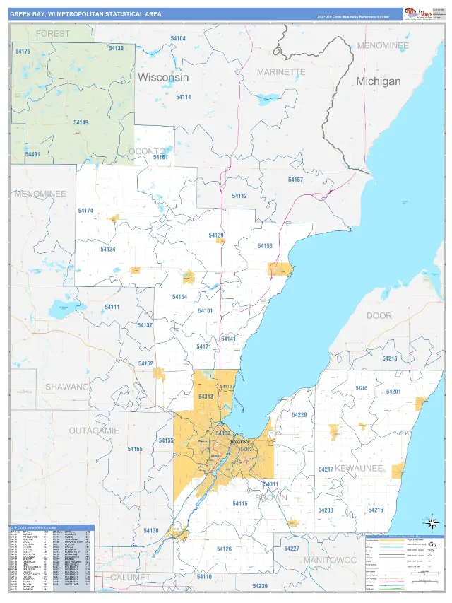 Green Bay Metro Area ZIP Code Wall Map, Business Reference style