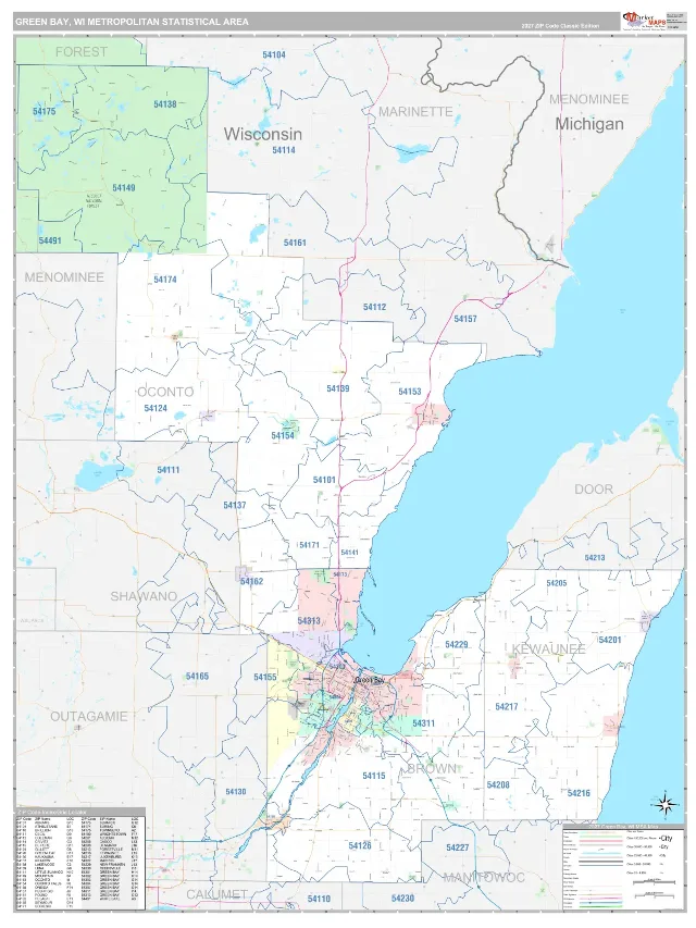 Green Bay Metro Area ZIP Code Wall Map, Classic style