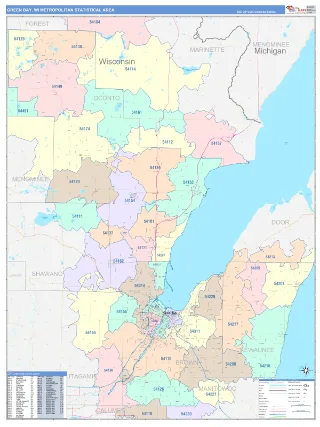 Green Bay Metro Area ColorCast style ZIP Code wall map