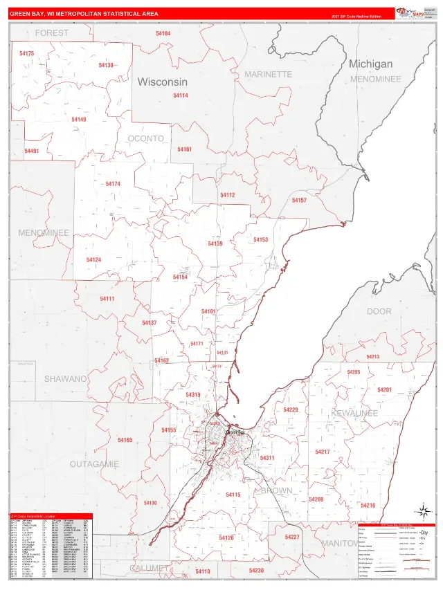 Green Bay Metro Area ZIP Code Wall Map, RedLine style