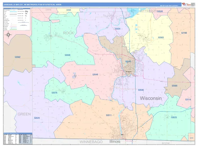 Janesville-Beloit Metro Area ZIP Code Wall Map, ColorCast style