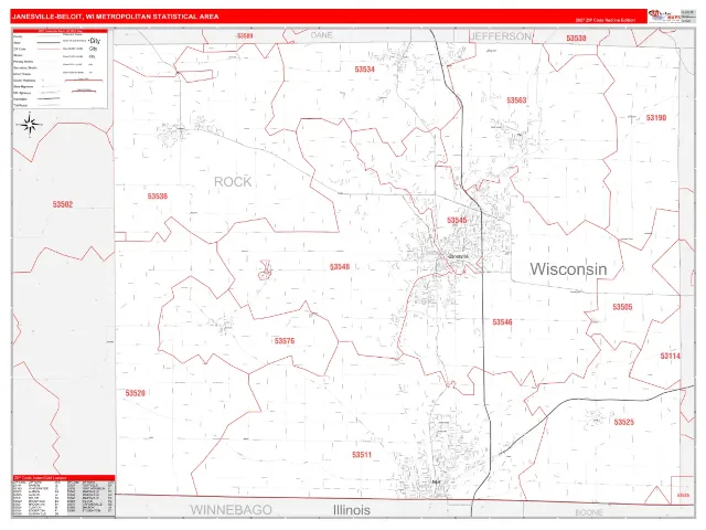 Janesville-Beloit Metro Area ZIP Code Wall Map, RedLine style