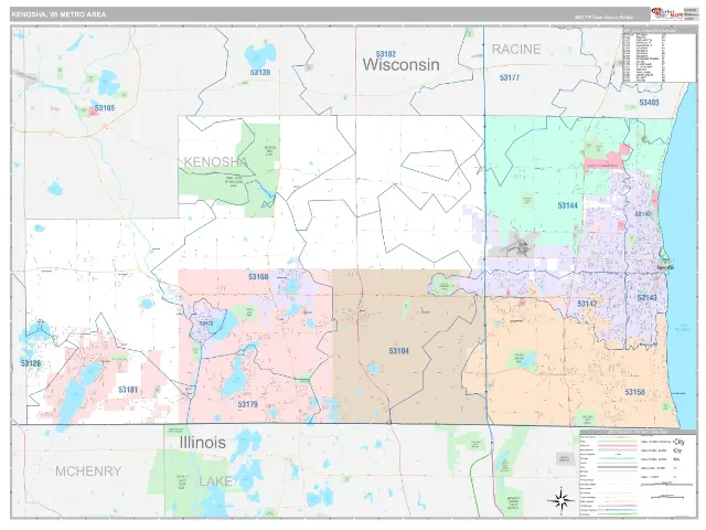 Kenosha Metro Area ZIP Code Wall Map, Classic style