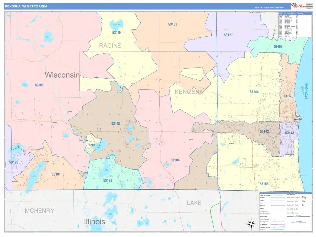 Kenosha Metro Area ZIP Code Wall Map, ColorCast style