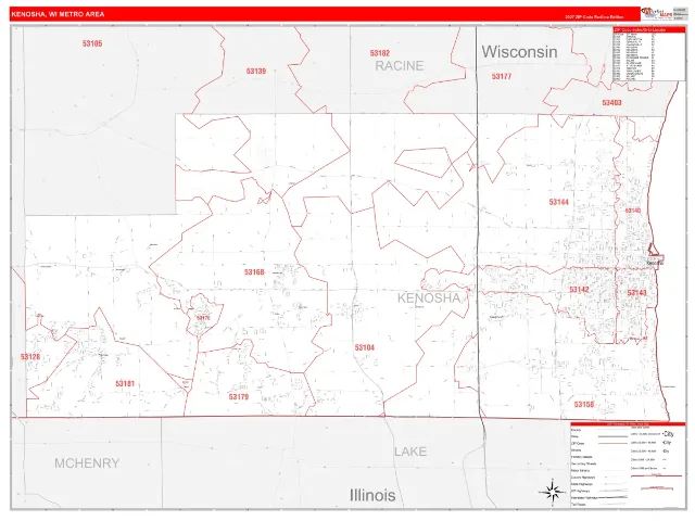 Kenosha Metro Area ZIP Code Wall Map, RedLine style