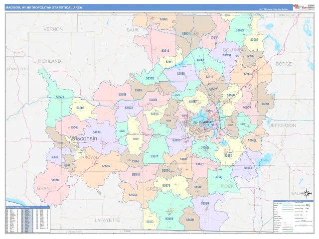 Madison Metro Area ZIP Code Wall Map, ColorCast style