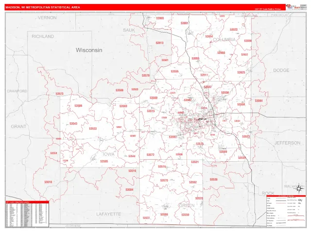 Madison Metro Area ZIP Code Wall Map, RedLine style