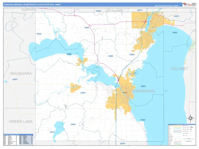 Oshkosh-Neenah Metro Area ZIP Code Wall Map, Business Reference style