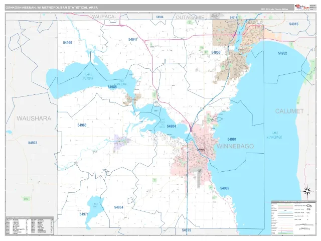 Oshkosh-Neenah Metro Area ZIP Code Wall Map, Classic style