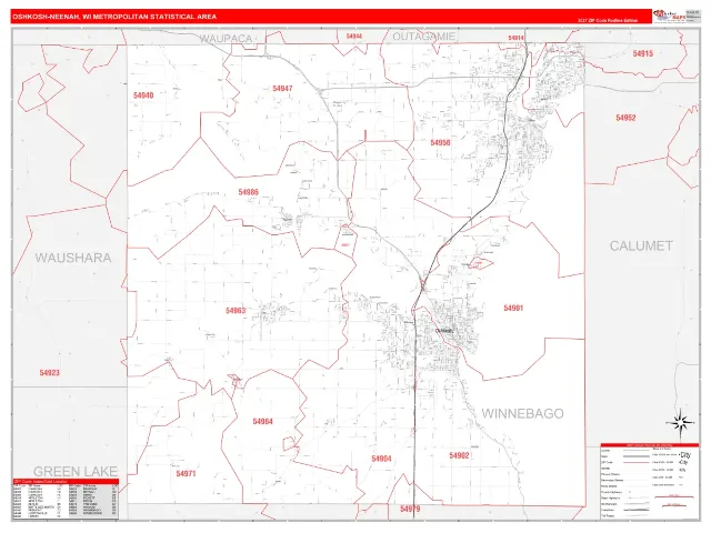 Oshkosh-Neenah Metro Area ZIP Code Wall Map, RedLine style