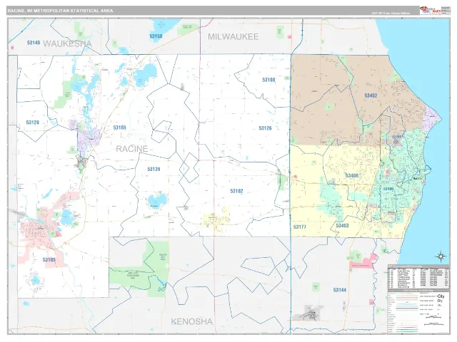 Racine Metro Area ZIP Code Wall Map, Classic style