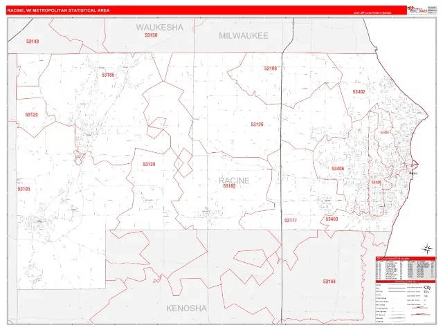 Racine Metro Area ZIP Code Wall Map, RedLine style