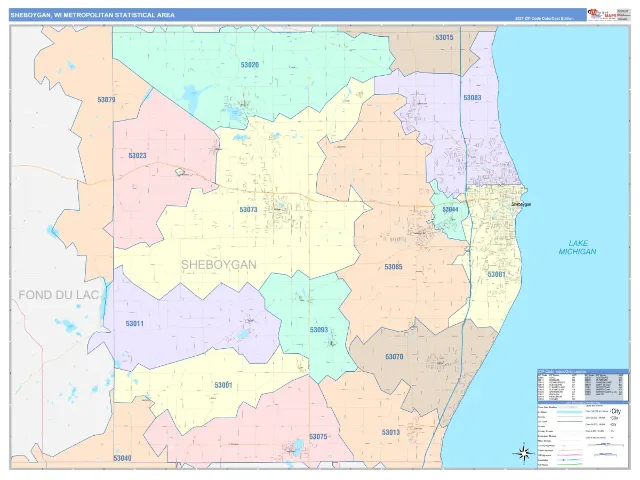 Sheboygan Metro Area ZIP Code Wall Map, ColorCast style