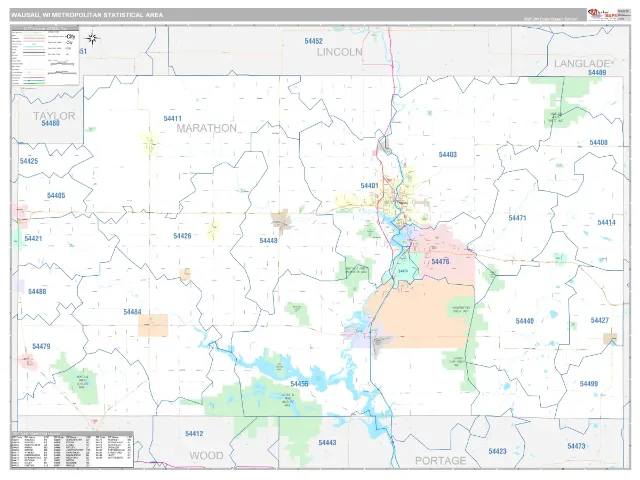 Wausau Metro Area ZIP Code Wall Map, Classic style