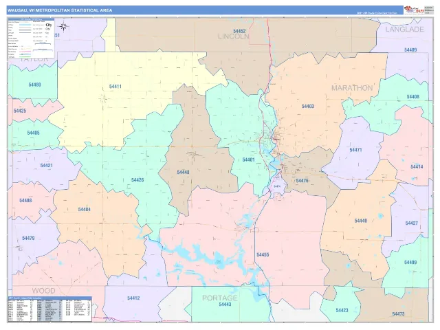 Wausau Metro Area ZIP Code Wall Map, ColorCast style