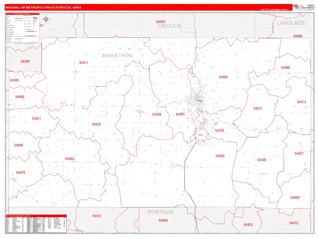 Wausau Metro Area ZIP Code Wall Map, RedLine style