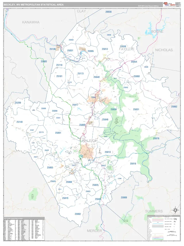 Beckley Metro Area ZIP Code Wall Map, Classic style