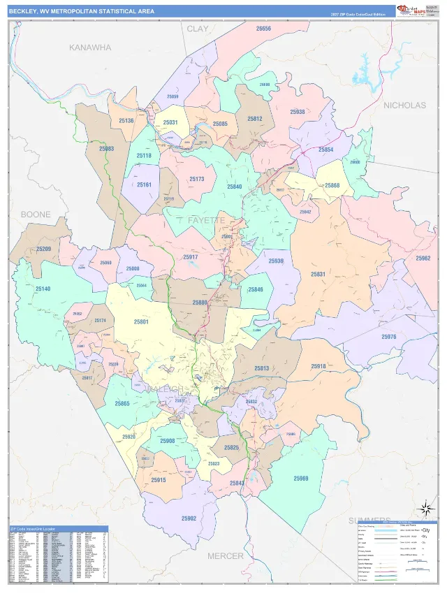 Beckley Metro Area ZIP Code Wall Map, ColorCast style