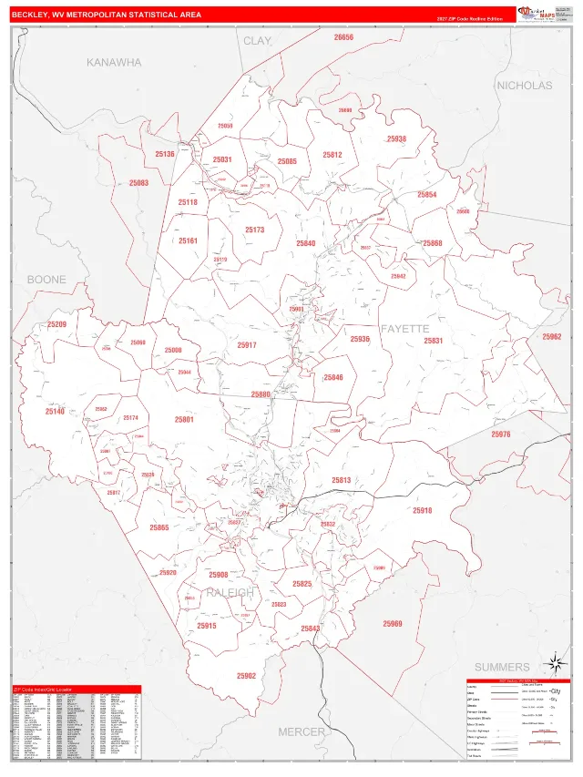Beckley Metro Area ZIP Code Wall Map, RedLine style